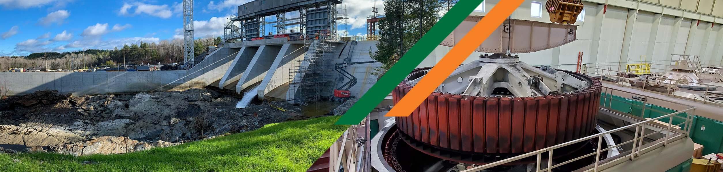 son Une image divisée montre un barrage hydroélectrique avec des vannes d'eau à gauche et des turbines à l'intérieur à droite, avec de l'herbe verte et des lignes diagonales colorées au centre.