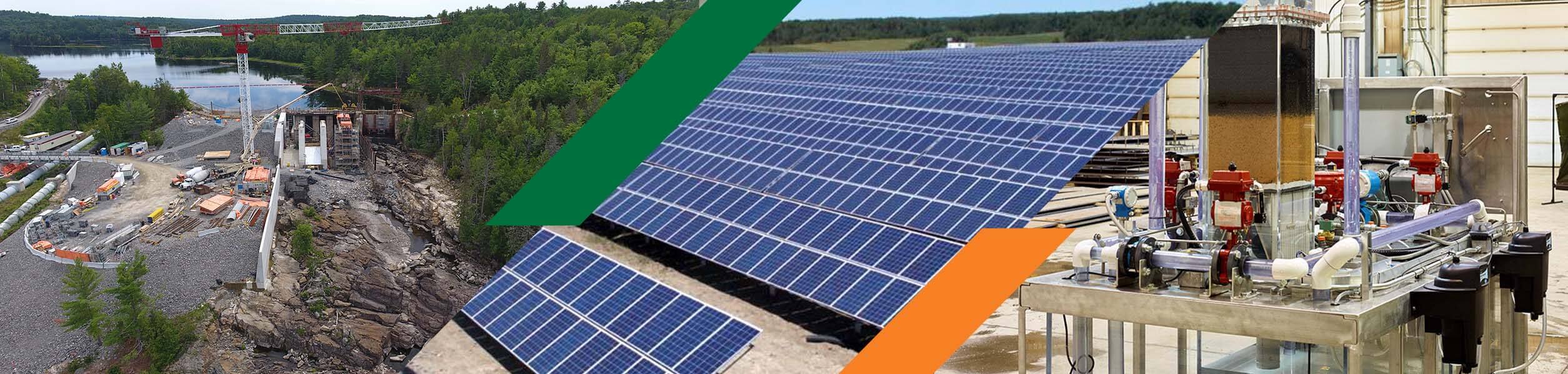 feature-energy06b2abe5fda14a7e90b6ac51e56eb9b2 Un collage montre un chantier de construction de barrage, des rangées de panneaux solaires dans un champ et des équipements industriels dans un laboratoire, représentant différents types de production d'énergie et de technologie.